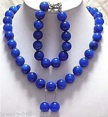 

hot sell new - Jewelry genuine 12mm blue jade Necklace bracelet earring sets >>18K GP Plated gold Bridal wide watch wings quee