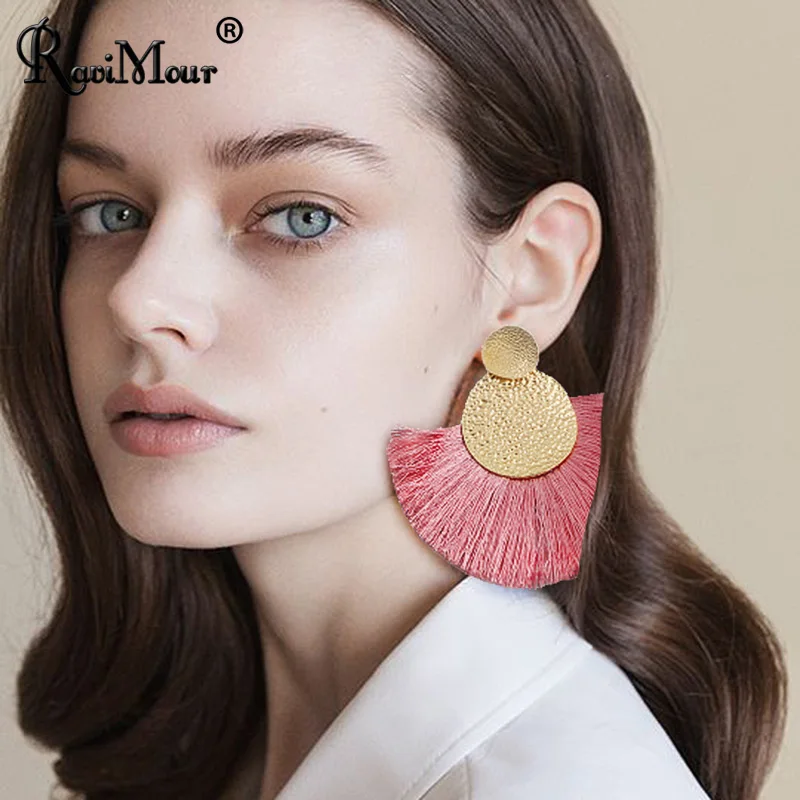 

RAVINOUR Statement Tassel Earrings for Women Double Round Big Sector Cotton Fringed Dangle Earring Fashion Jewelry Handmade Gift