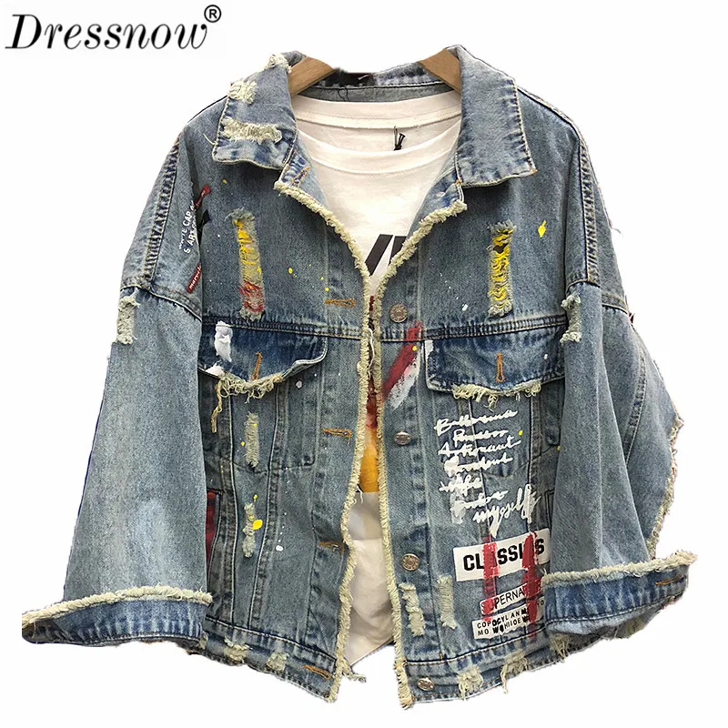 Dressnow Women European Station Jeans Jacket Coat Spring Hole Patch Loose Hole Spray Paint Denim
