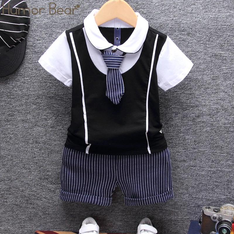 Humor Bear/летние хлопковые комплекты одежды для маленьких мальчиков праздничный костюм для дня рождения Футболка+ штаны, комплекты детской одежды