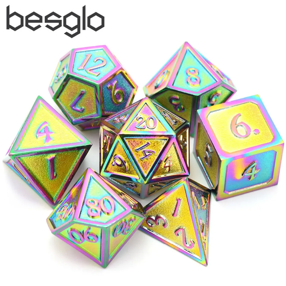 

Dragon Font Rainbow Metal Dice with Dice Pouch for DnD MTG RPT Board Games D4 D6 D8 D10(0-9, 00-90) D12 D20