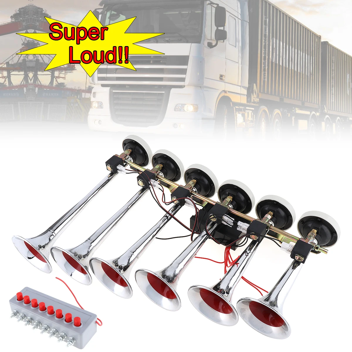 

12V 24V 200DB Super Loud 8 Sounds Style Alarm 6 Trumpet Air Horn Compressor Kit Multi-tone Claxon Horns for Motorcycle Boat Car