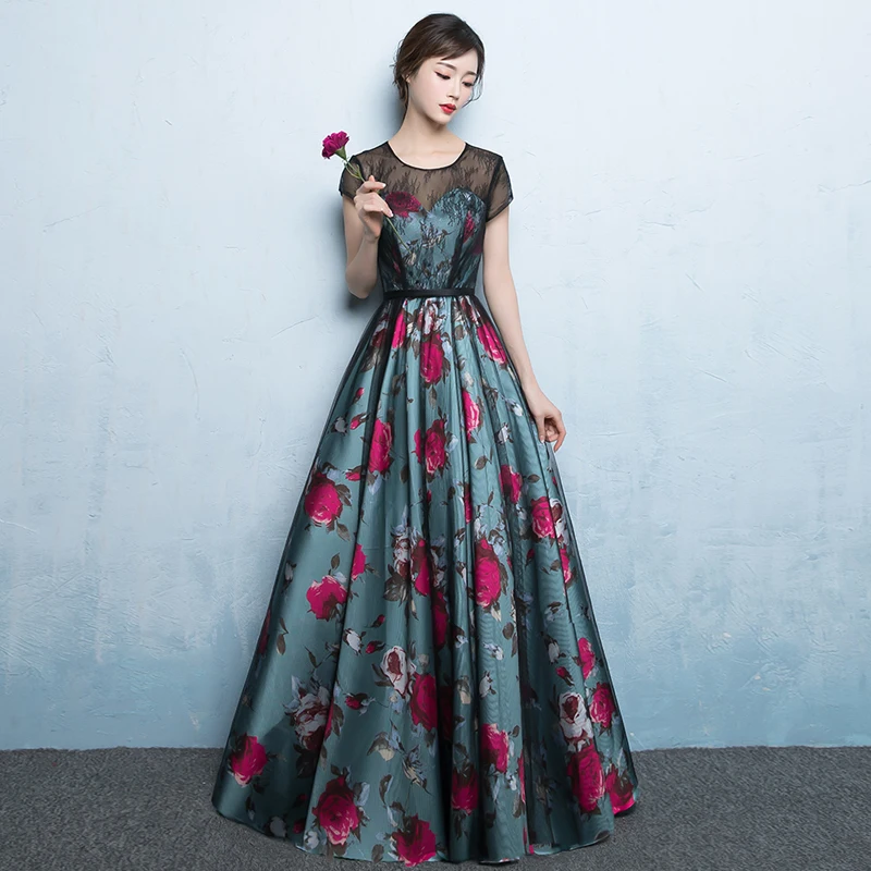

New Floral Print O Neck A Line Cap Sleeve Long Evening Dresses Elegant Party Flowers Printed Lace up Backless Prom Gowns