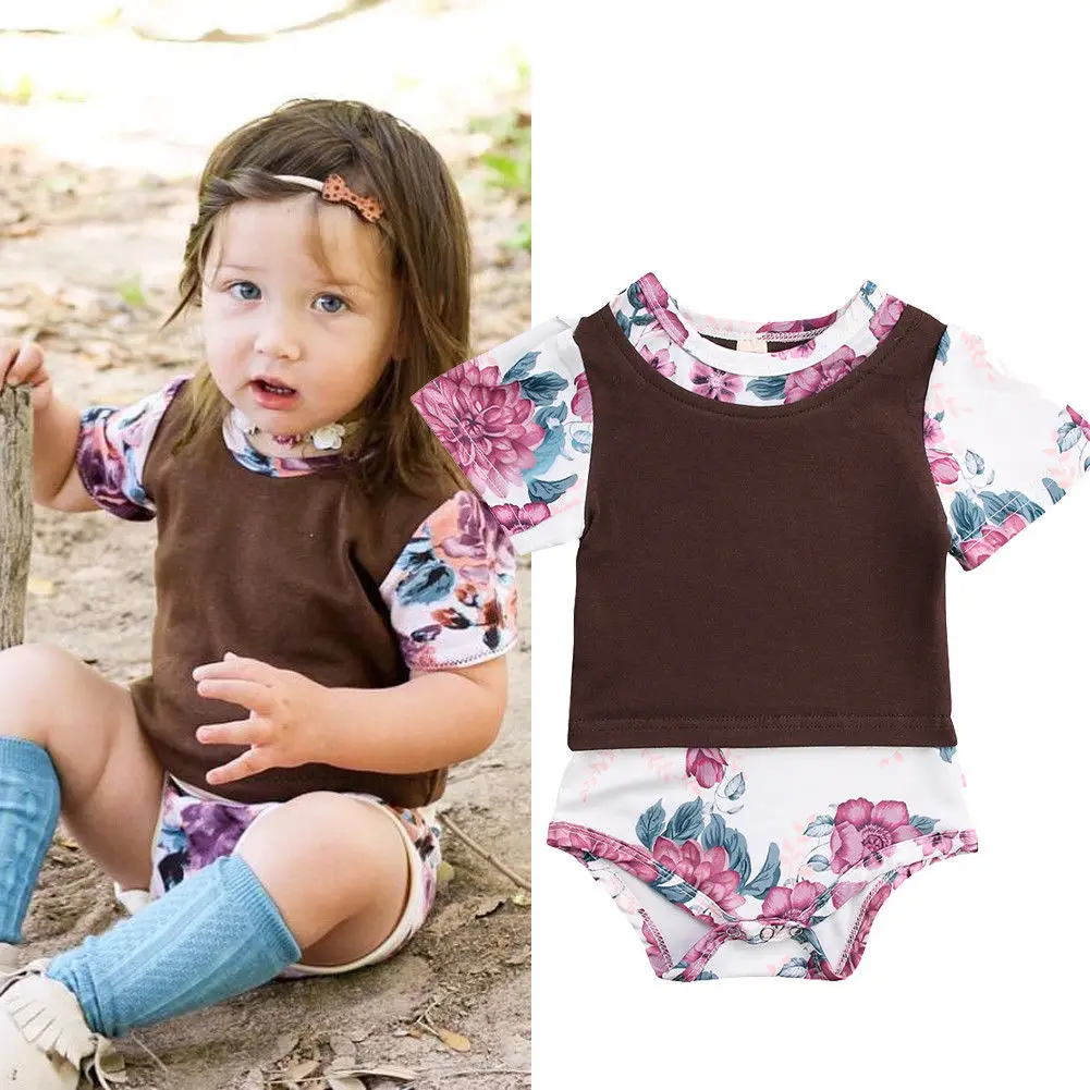 2018 New Baby Girl Floral Bodysuits Floral Patchwork Short Sleeve