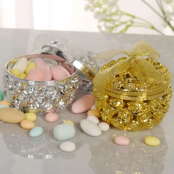 

2019 New Arabic Style Wedding Birthday Rose Pattern Hollow Round Incense Burner Creative Gift Box Plastic Gold Silver Candy Box