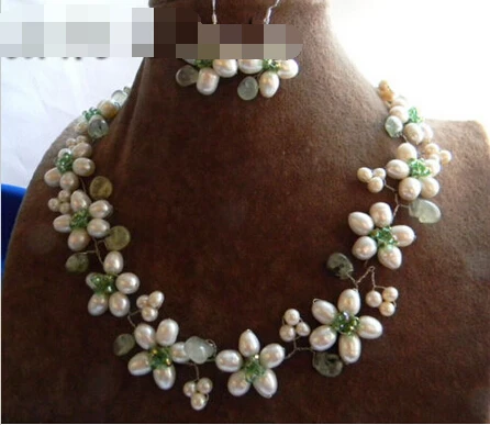 

free shipping 07592 white Rice Freshwater Pearl Crystal Prehnite Necklace Earring Set