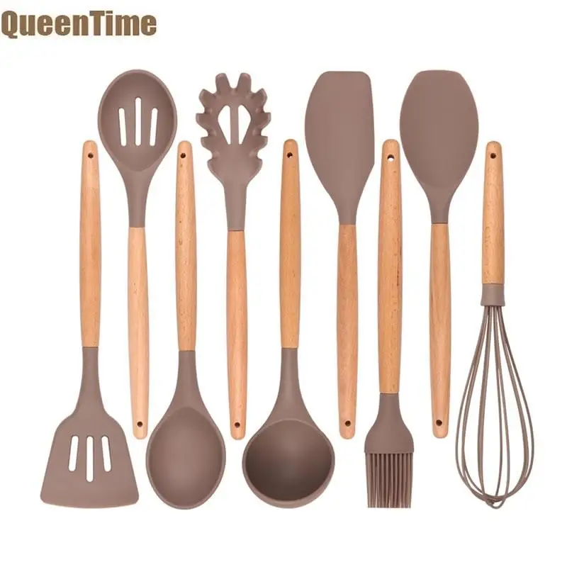 

QueenTime 9Pcs/Set Silicone Kitchen Utensils Spatula Long Spoons Soup Ladle Slotted Turner Heat Resistant Scraper Cooking Gadget