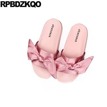 

2018 Satin Open Toe Bowtie Cute Soft Ladies Slip On Bow Slides Gold Kawaii Women Sandals Flat Casual Shoes Embellished Pink