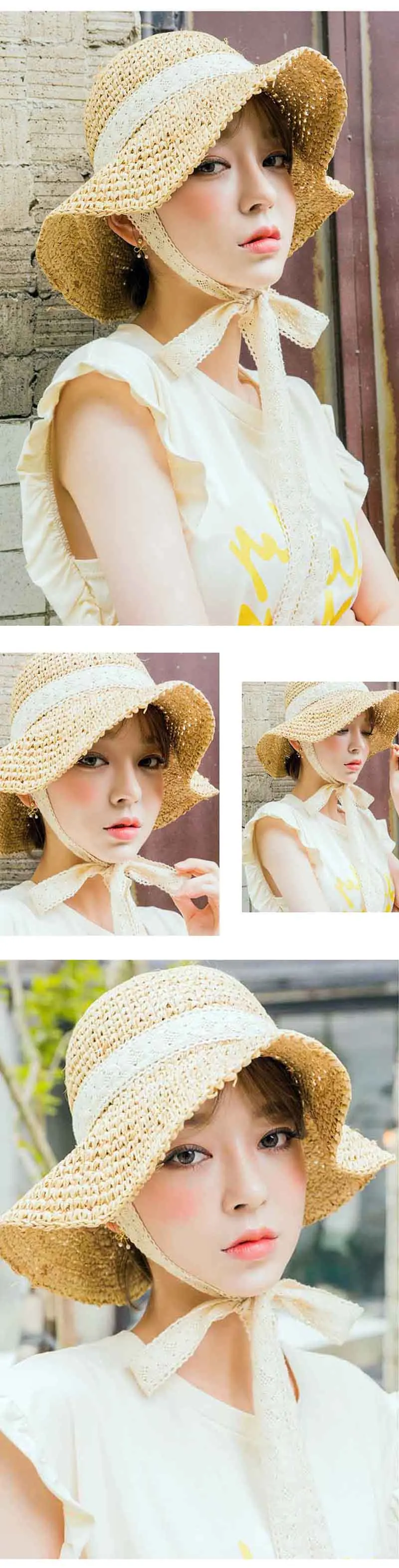 Fashion Women Lace Ribbon Bow Foldable Straw Hat Ladies Wide Brim Floppy Cap Summer Girls Travel Beach Boater Hats CP0262  (10)