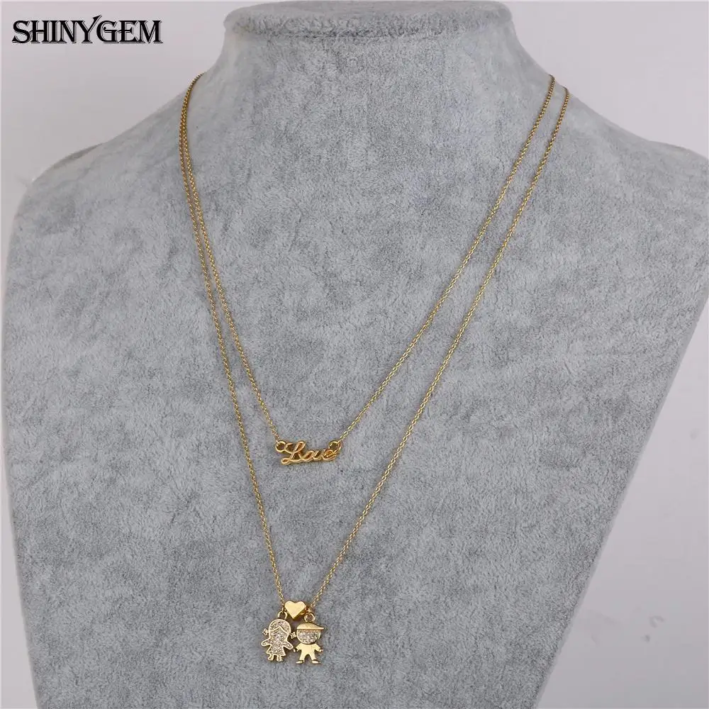 Золотое Двухслойное ожерелье ShinyGem, дизайн, подвеска для любви, циркон, для мальчиков и девочек, в форме сердца, Двойная Цепочка, ожерелье, подарок для женщин