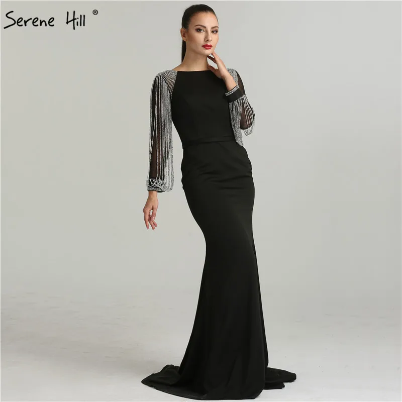 Long Sleeves  Black Beading Chain Elegant Mermaid Prom Dresses Crystal Beading Satin Dresses For Prom 2020 SERENE HILL LA6219