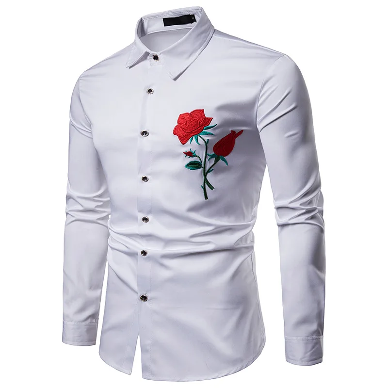 

Men Shirt 2019 Spring Long Sleeves Rose Embroidery Cotton Shirt Men Hawaiian Dress Shirts Slim Men Shirt Plus Size White Black