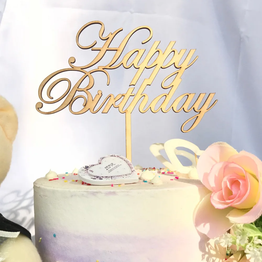 Wooden Happy Birthday Cake Topper Party Decoration WhiteBlackGlodSilver Happy Birthday Cake Topper Stand  Gift Supplies (2)