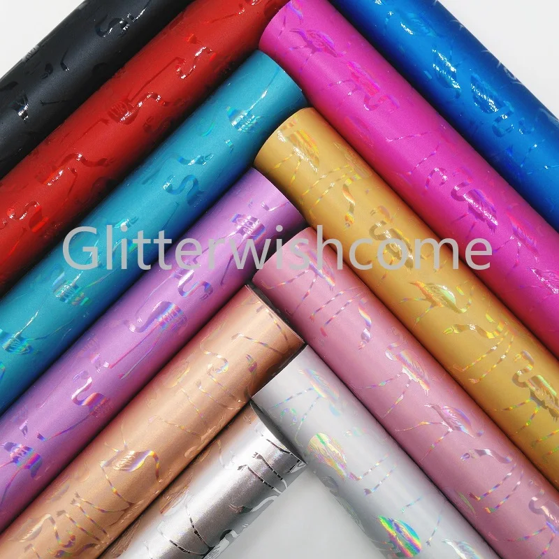 

Glitterwishcome 21X29CM A4 Size Vinyl For Bows Iridescent Embossed Flamingo Leather Fabirc Faux Leather Sheets for Bows, GM321A