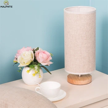 

Modern Fabric Table Lamp Simple Round Lamps Table Circular Solid Wood Bedroom Bedside Table Light LED Lighting Decor Fixtures