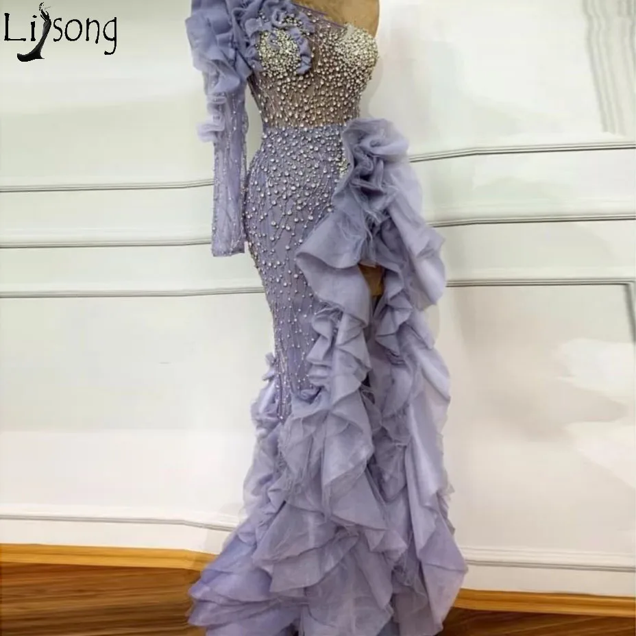 

Sexy One Shoulder High Split Mermaid Prom Dresses Long Sleeves Heavy Crystal Beads Chic Evening Dress Ruffles Formal Party Gowns