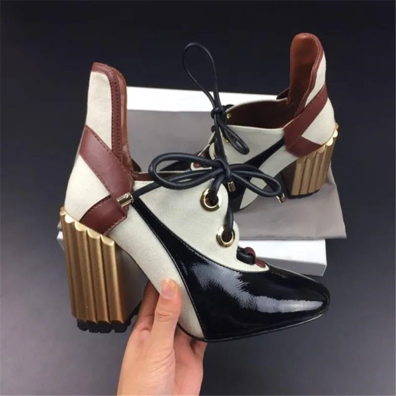Женские Лоскутные туфли-лодочки из натуральной кожи на шнуровке; фирменный дизайн; обувь на толстом высоком каблуке; сезон весна-осень; Высококачественная Женская обувь в стиле панк - Цвет: black 10cm heel