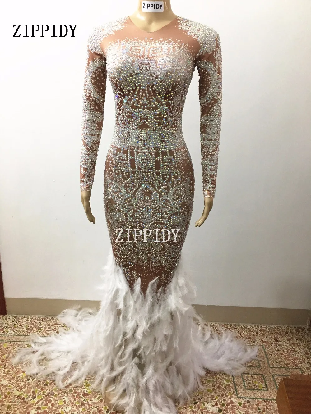 

Glisten Rhinestones Long Big Tail Feather Nude Sexy Dress Nightclub Singer Prom Birthday Celebrate Full Stones Costume Dresses