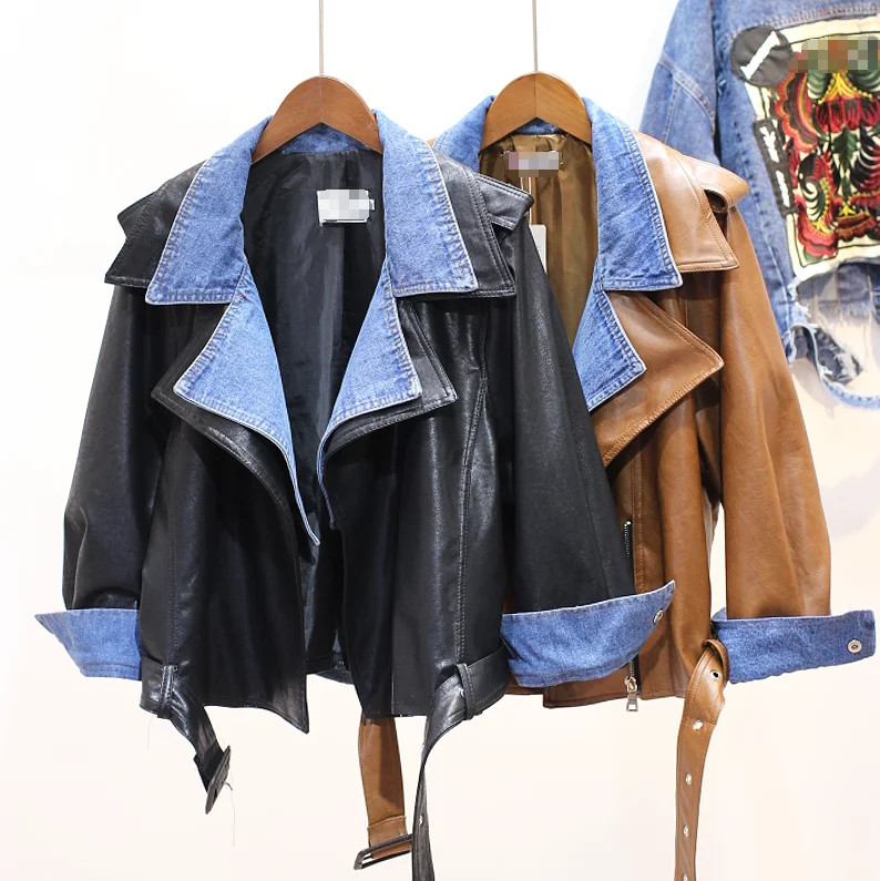 

2019 Autumn New Women's Short Leather Coat Women's Denim Stitching Pu Leather Jacket Student Motorcycle Jacket Outwear
