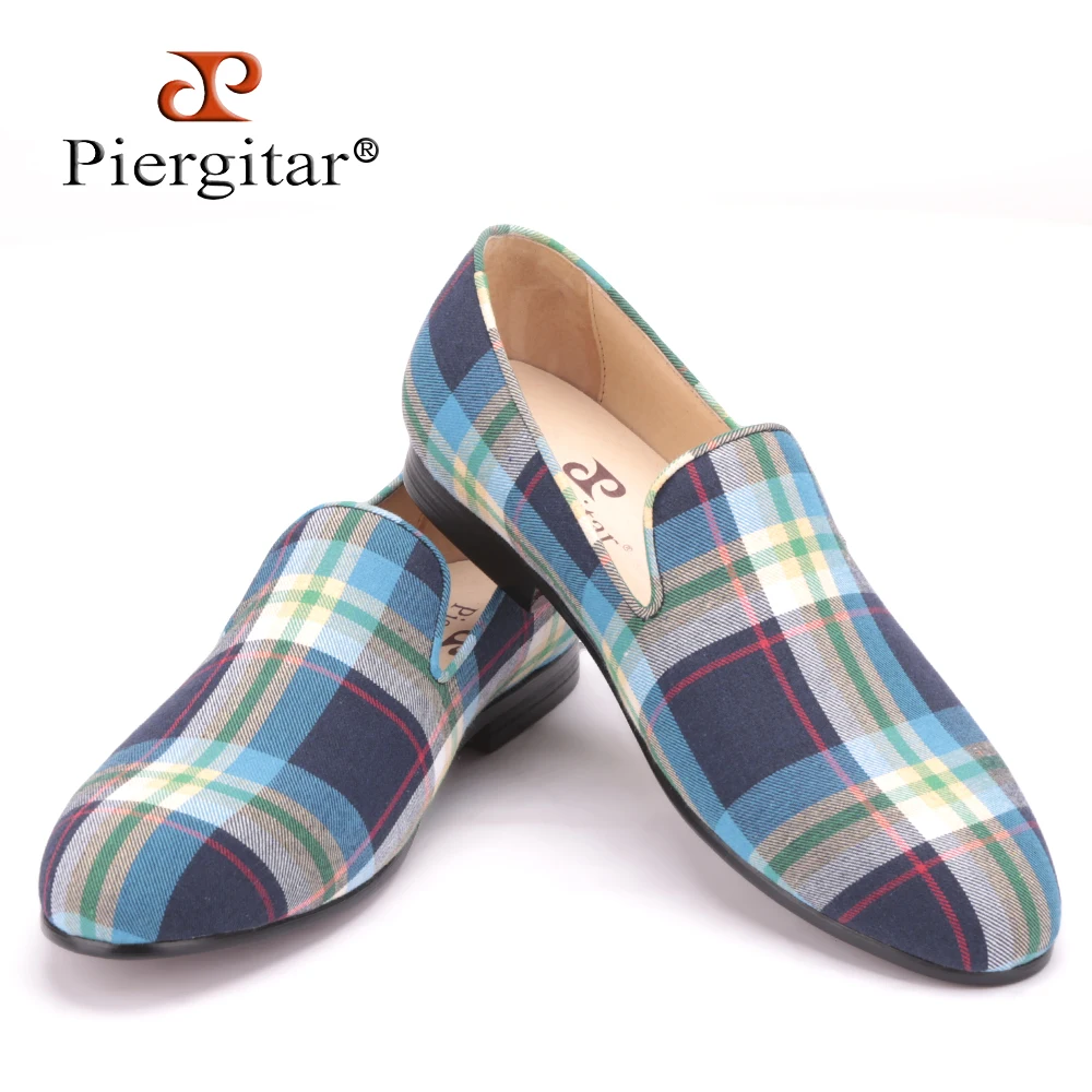 

2016 new arrival Blue and Green Plaid Men Canvas shoes British style male Casual Slip-on Loafers Handmade luxurious men's flats