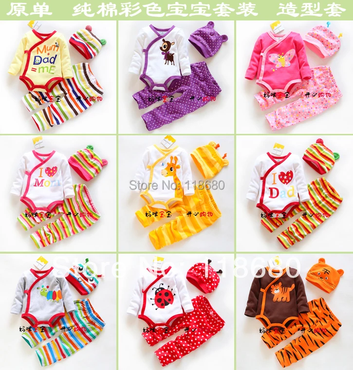 

new 2014 spring autumn kids clothes sets baby girl Triangle romper + kids pants + hats sets baby boy cute Striped cartoon sets