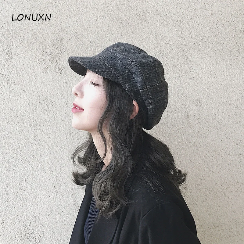 

High quality female British male artist Winter Hat Beret Korea Korean Japanese girl all-match peaked cap Plaid octagonal cap