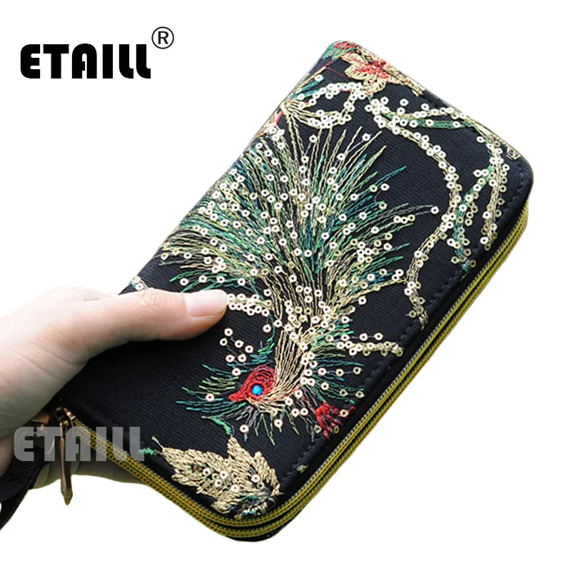 

ETAILL Sequins Phoenix Embroidered Long Wallet Handmade Ethnic Flowers Embroidery Wallets Purse Clutch Mobile Phone Bag Coin Bag