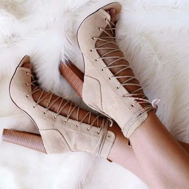 

Abesire Ladies Square High Heels Lace-up Party T-stage Shoes Woman Peep Toe Cut-outs Ankle Strap Sandals Boots Women Ankle Boots