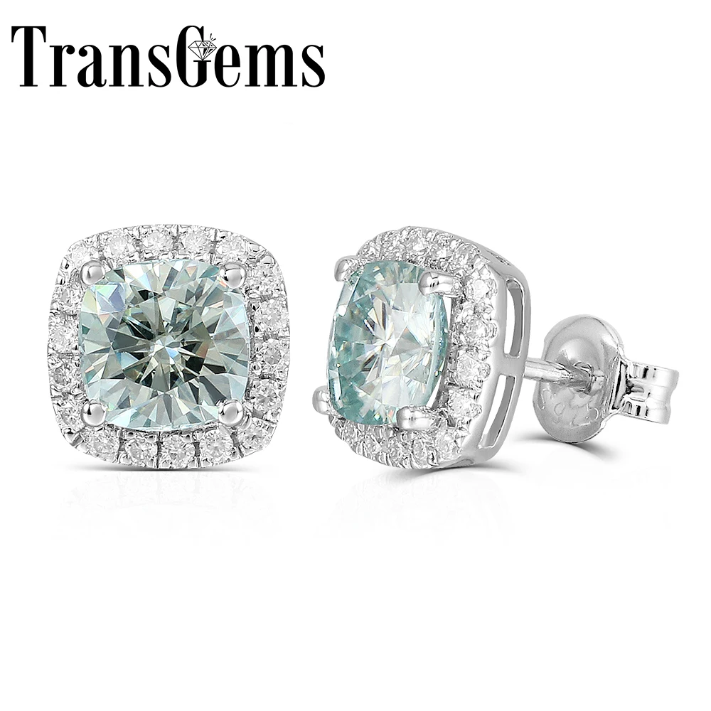 

Transgems Platinum Plated Silver 2.26CTW 6X6mm H Color Cushion Moissanite Halo Stud Earrings Push Back for Women