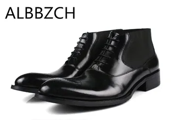 

Spring autumn new mens genuine leather boots fashion wedding dress shoes men pointed toe lace high grade office work ankle boots