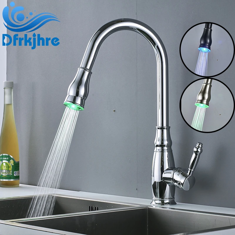 

LED Kitchen Faucet 360 Degree Rotation Sink Pull Out Faucet Hot and Cold Water Mixer Tap Deck Mounted Faucets