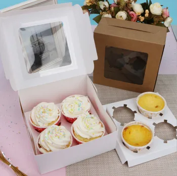 

300PCS cupcake box with window Gift Packaging For Wedding Home Party 4 Cup Cake Holders White Brown kraft paper box