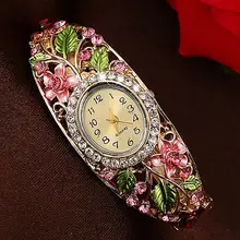 Женский красивый кристалл цветной сплав жесткий браслет с цветком часы аналоговые кварцевые 181 G6TN подарки на день рождения 8HZQ