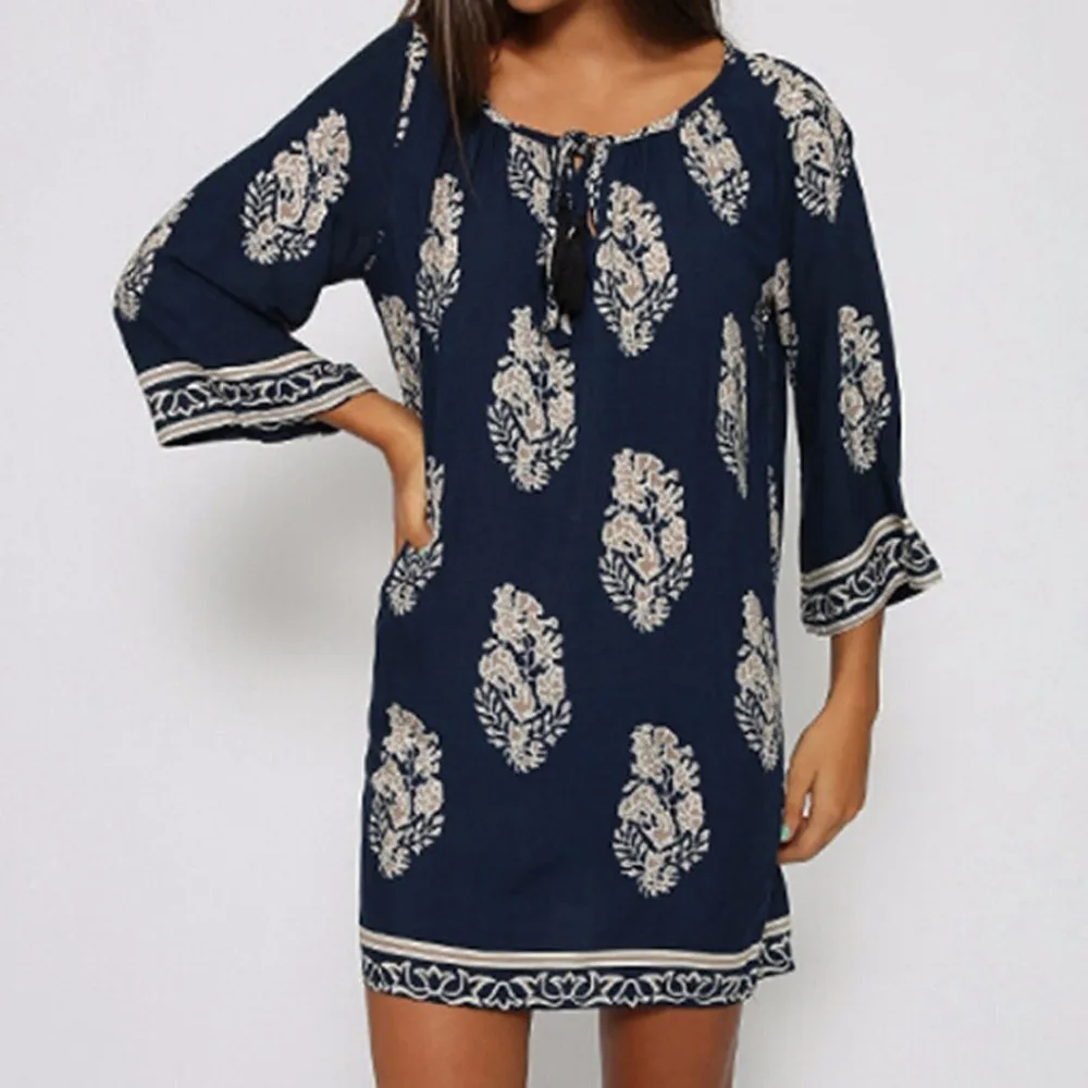 

2019 Women's Fashion 3/4 Sleeve Floral Sundress Club Party Beach Mini Short Dress Floral Summer Dress Faldas Mujer