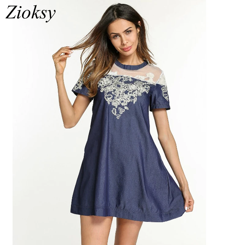 Plus Size S-5XL 2018 Summer Dress Women Mesh Splicing Embroidery Denim Dress Female Short Sleeves Loose O-Neck Jeans Dresses