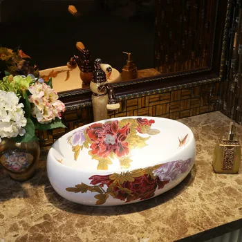 

Small oval Europe style luxury bathroom vanities chinese Art Counter Top ceramic porcelain hand wash basin
