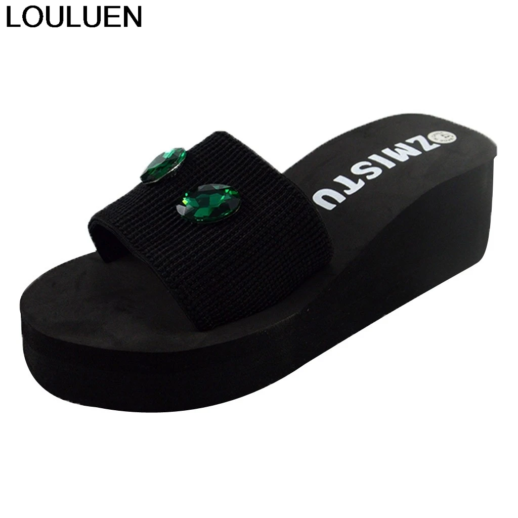 

LOULUEN Shoes Woman's Wedge with pearl Drill Flat Slides bohemia Home Bathroom Beach Flip Flops Slippers zapatillas mujer 2MAR5