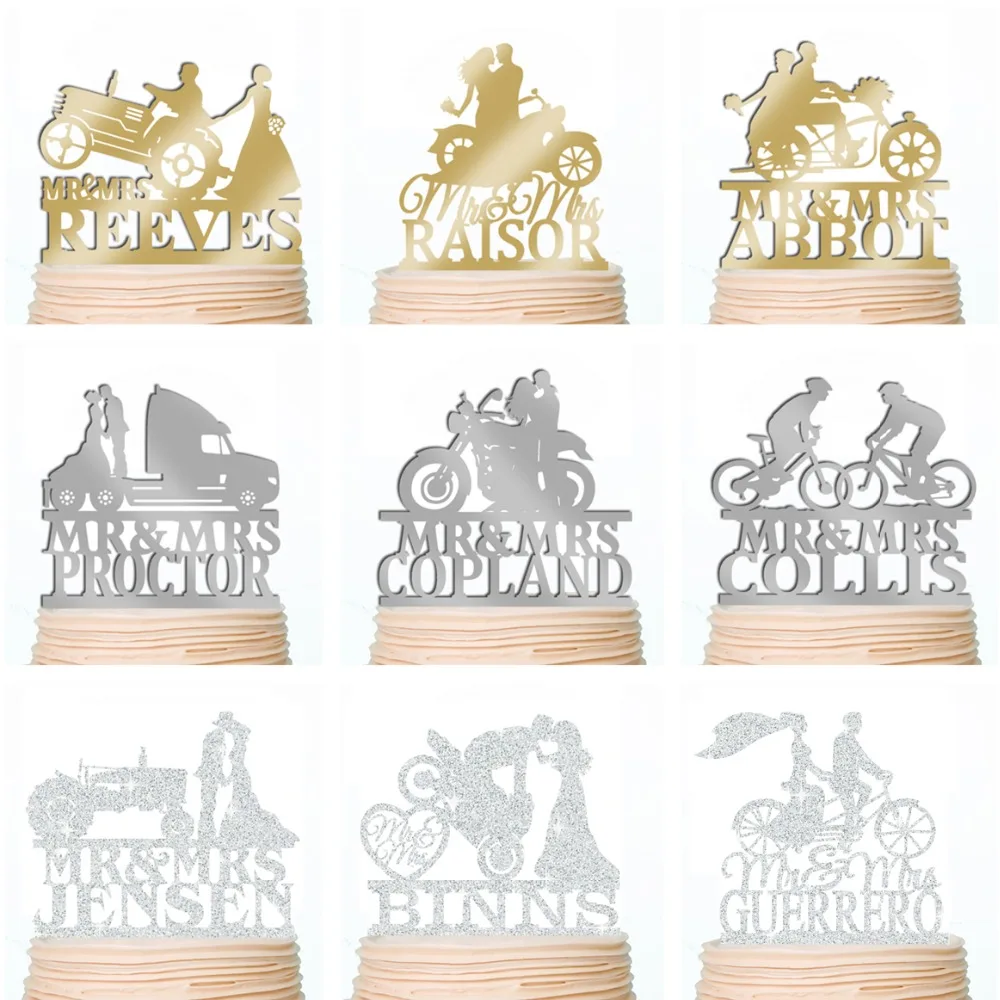 

Motorbike Wedding Cake Toppers Bride and Groom Rustic Wood Bicycle Tractor Gold Silver Acrylic Engagement Party Topper