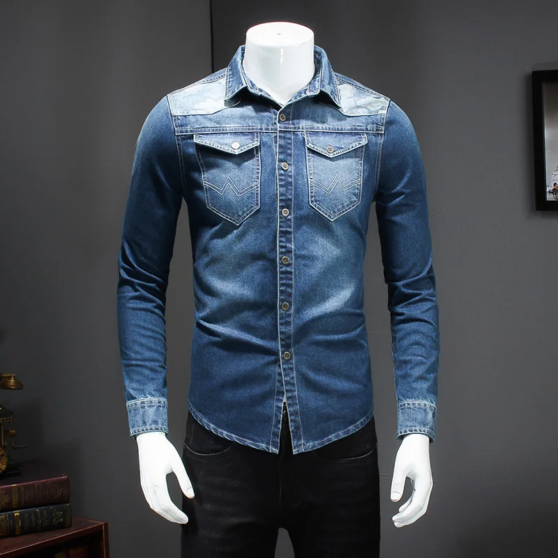 2019 новые весенние мужские джинсовые рубашки с длинными рукавами, лоскутные рубашки для мужчин, ковбойская одежда, Большие Размеры M-4XL 5XL #5509