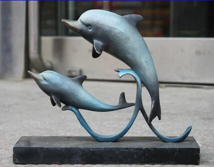 

JP S1112 Pure Bronze Copper & Marble Art Sculpture Two Dolphin Fish Statue B0403