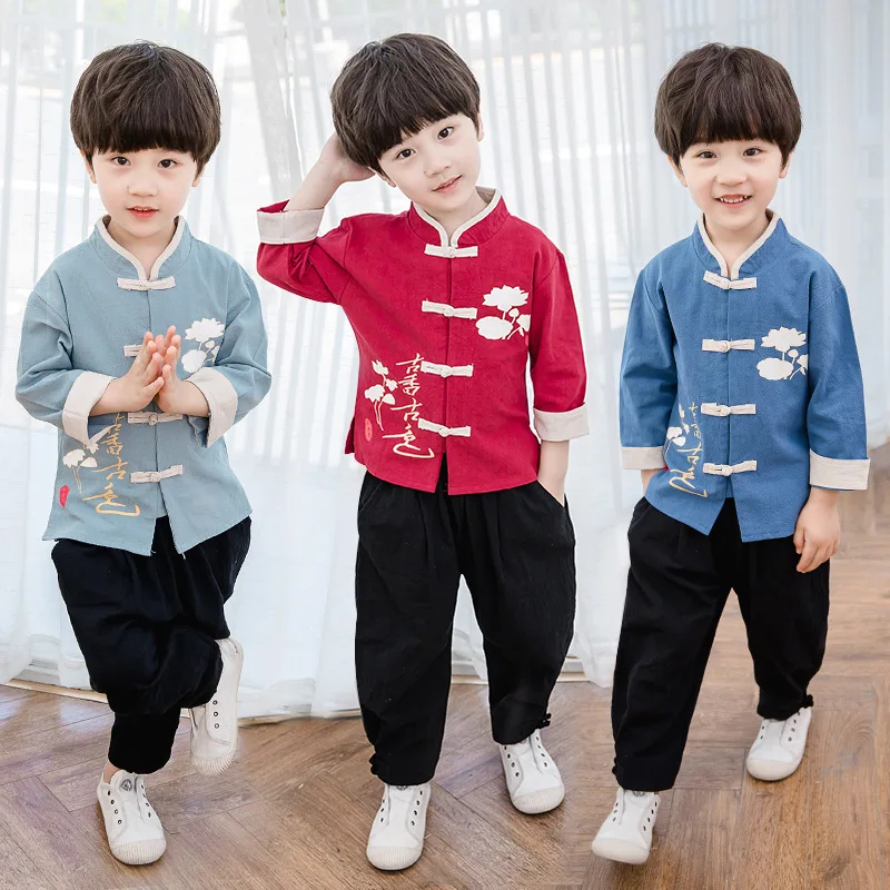 Китайский стиль, летний костюм в стиле ретро Тан комплекты для мальчиков с вышивкой, топы, форма кунг-фу, детская льняная одежда для От 2 до 10 лет, SL106
