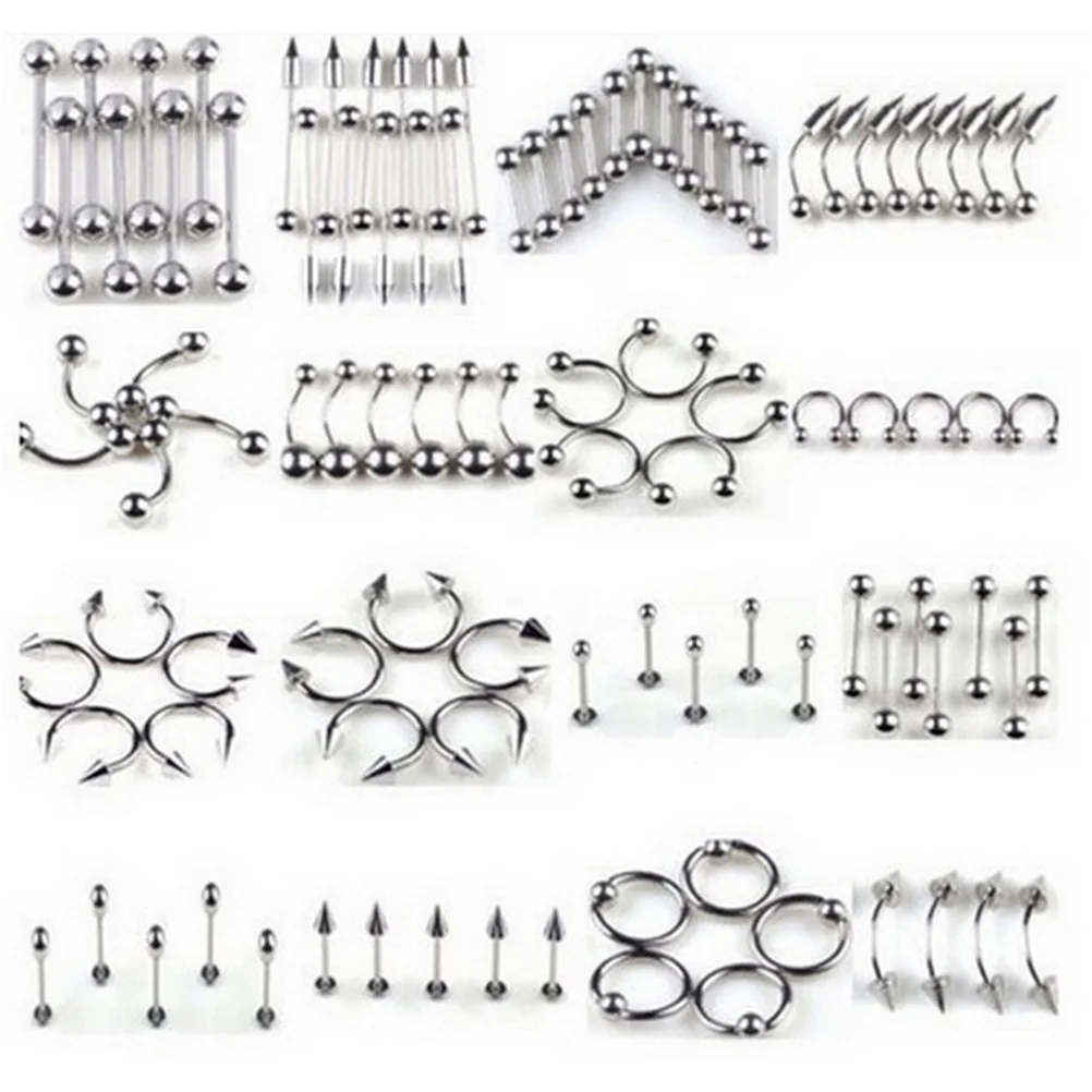66Pcs New Multi type Stainless Steel Curved Eyebrow Nose Lip Earrings