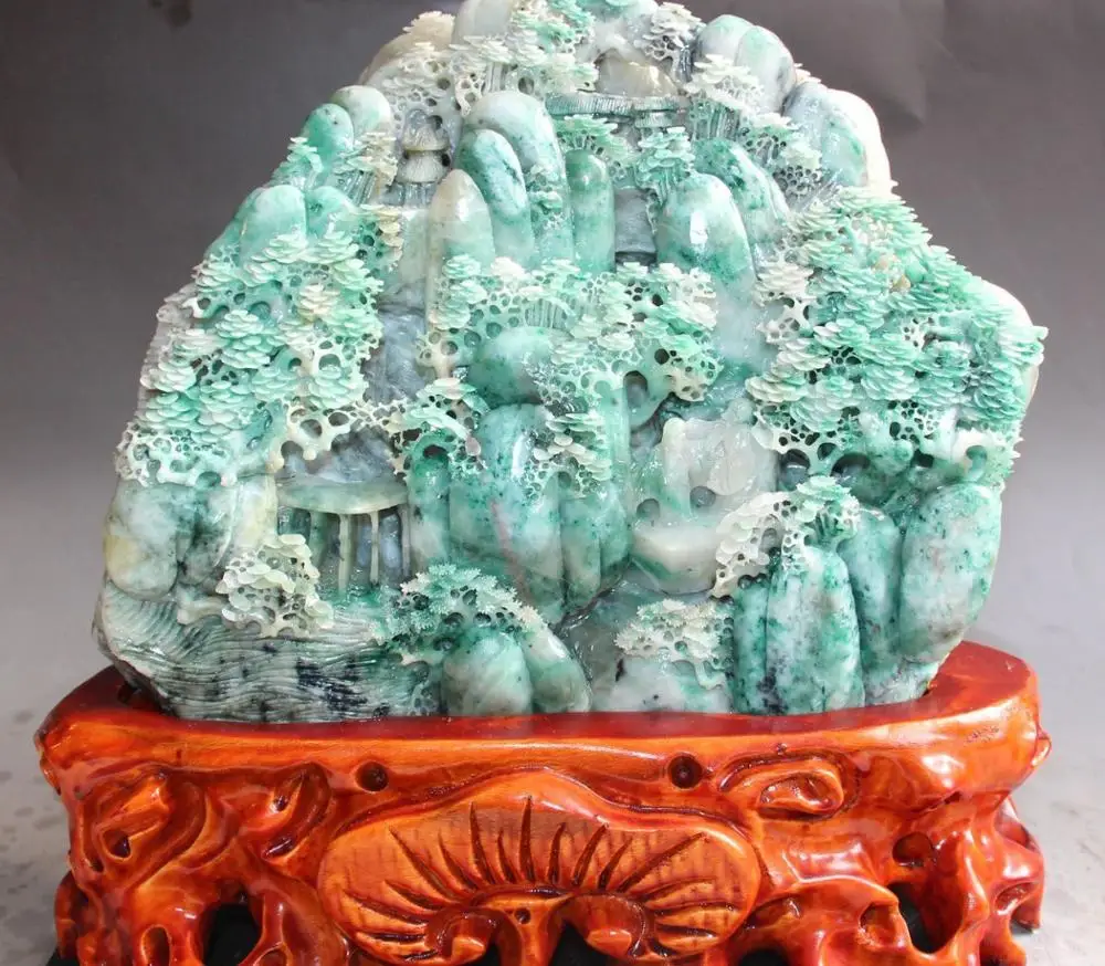 

100% Real Natural Dushan Green Jade Mountain Water Landscape Scenery pavilion AA