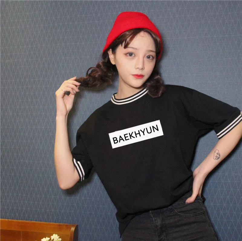 

KPOP EXO 2016 Hot New Summer Korean version coat men black women White Letters Printed Short Cotton thread long-sleeved T-shirt