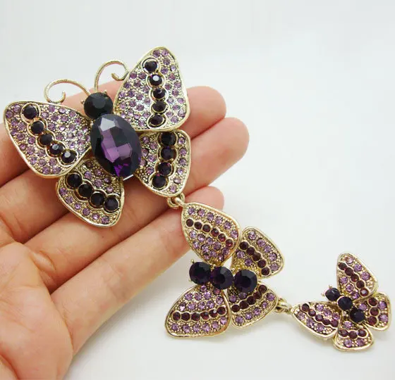 

Classic 3 Butterfly Art Nouveau Pendant Brooch Pin Purple Rhinestone Crystal Party Accessories