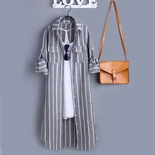 Tunique en lin et coton à rayures verticales, blouse à manches longue pour femmes, mode, tendance coréenne