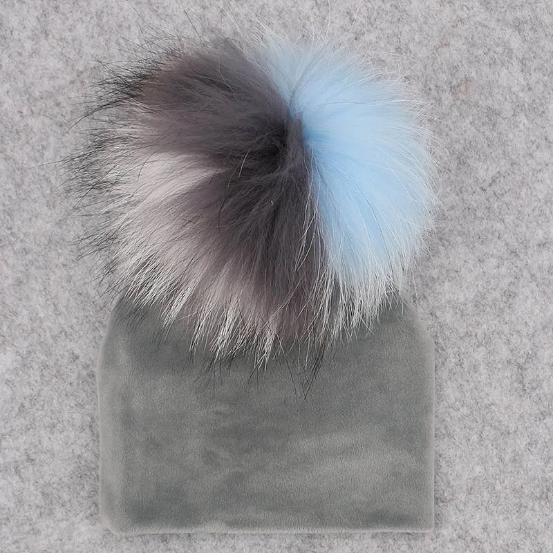 GZHILOVINGL Real Fur Pom Pom Baby Girls Boys Hat Warm Winter Knitted Velvet Hat Toddler Kids Soft Thick Flannel Beanies Pompoms - Цвет: gray No15