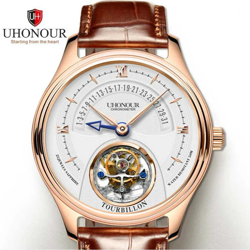 Лидирующий бренд Tourbillon механические часы для мужчин s сапфировое стекло Циферблат Мужские часы из крокодиловой кожи календарь Мужские часы бизнес ST8005