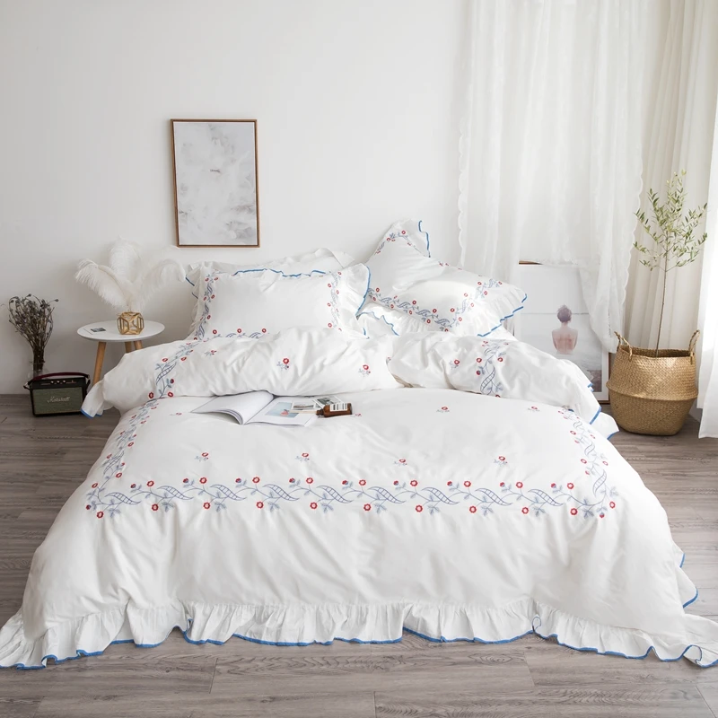 White Egyptian Cotton Bedding Set Ruffles Duvet Cover Bed Sheets