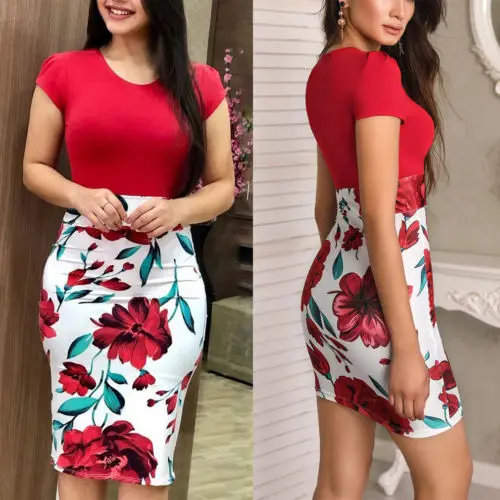 

Vintage Sexy Women Bodycon Dress Floral Printed Short Sleeve Mini Party Dresses Office Ladies Wear Vestidos Mujer